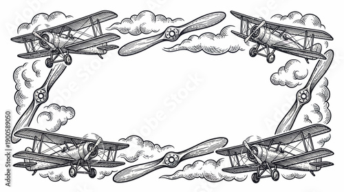 Vintage Biplane Aviation Border with Propellers and Clouds, Retro Airplane Frame Illustration in Hand Drawn Engraving Style