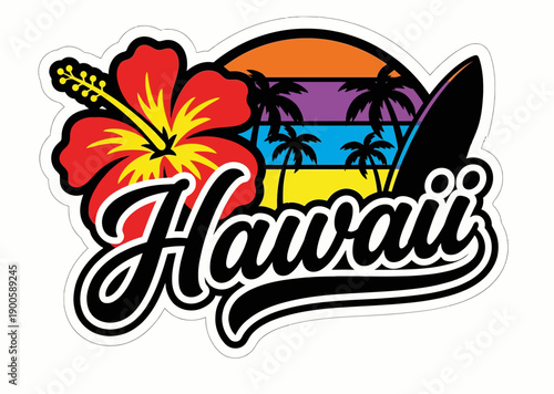 Retro Hawaii Surf Sticker Design with Red Hibiscus Flower, Tropical Sunset over Palm Trees and Surfboard Silhouette Vector
