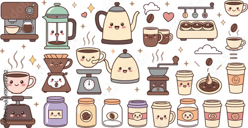 Cute Kawaii Coffee and Cafe Illustration Set with Smiling Cups, Espresso Machines, Kettles, Grinders, Coffee Beans, and Barista Drink Elements