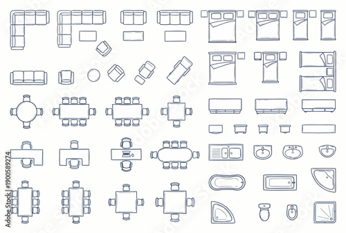 Complete Architectural Furniture Floor Plan Icon Set, Vector Interior Design Symbols for House Layout and CAD Site Planning