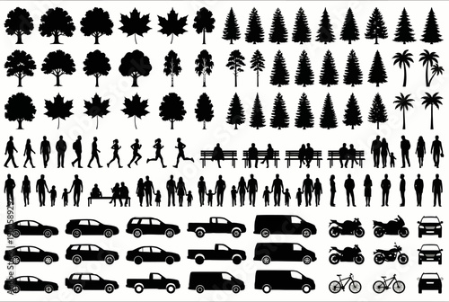Mega Silhouette Collection of Trees, People, and Vehicles for Architectural Visualization and Plan Design Vector Set