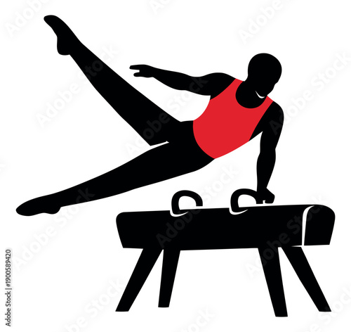 Modern silhouette illustration of a male gymnast depicting a routine on a pommel horse for sports