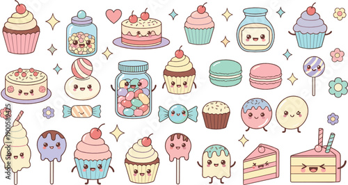 Cute Kawaii Desserts Illustration Set with Smiling Cakes, Cupcakes, Macarons, Candy Jars, Ice Cream, and Sweet Treat Characters for Party Designs