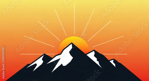Snowy mountain peaks at sunrise with vibrant orange and yellow gradient sky