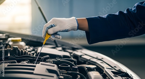 Mechanic checking engine oil level with dipstick in a car