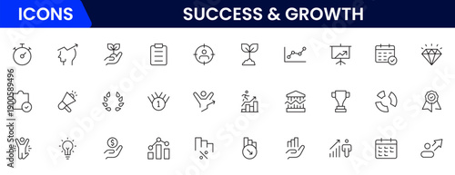 Success and growth web icons inline style. Handshake, growth profit, innovation, increase sale, coaching, progress, strategy, achievement, collection. Vector illustration.
