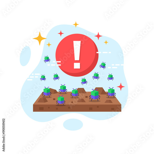 Critical computer bug infestation error warning flat design vector illustration for empty state ui applications