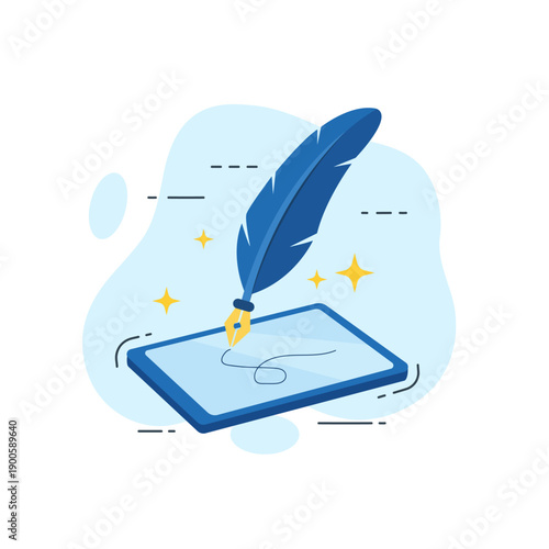 Digital signing with blue quill pen on tablet screen creative writing flat design vector illustration empty state ui