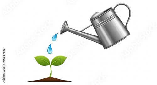 Watering can pouring water on young green seedling plant growing in soil nurturing growth and development