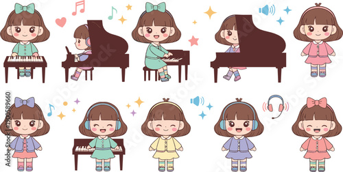 Cute Kawaii Girl Playing Piano Illustration Set with Child Musician Practicing, Performing, Singing, and Enjoying Music Activities for Kids Designs
