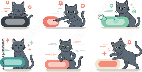 Cute Kawaii Gray Cat Illustration Set Showing Playful Kitty Activities, Funny Poses, Daily Actions, and Adorable Cartoon Expressions for Stickers and Children Designs