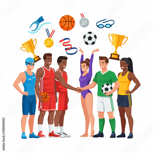 Diverse athletes celebrating sports achievements together
