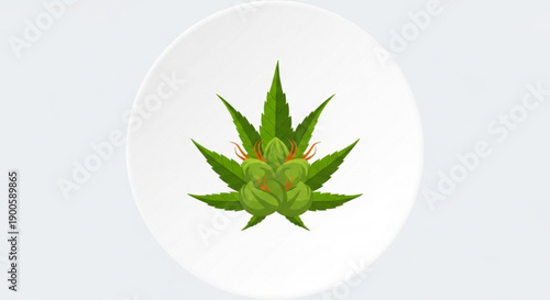 Detailed illustration of a cannabis leaf with green and orange hues on a white circular background