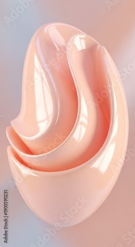Smooth, flowing, light pink, abstract form features glossy, layered curves in soft lighting.