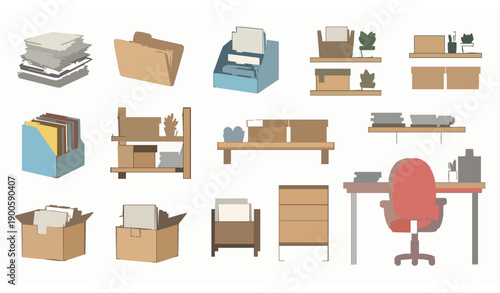 Isolated office workspace icons with documents shelves desk chair and storage items vector set