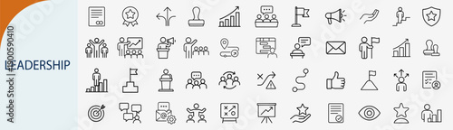 Leadership and business management icons set, outline symbols for teamwork strategy guidance success corporate hierarchy and vision vector illustration