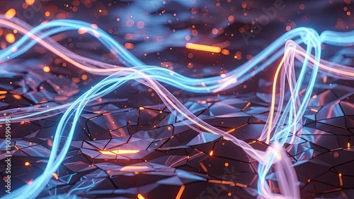 Futuristic glowing wave patterns over a fractured technological surface with vibrant neon colors