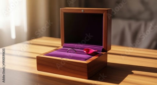 A wooden jewelry box with a red ring inside on a wooden table in a cozy bedroom with soft lighting from the window.