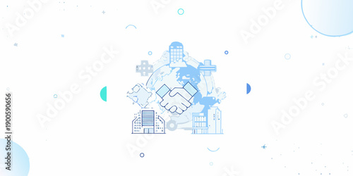 A handshake symbolizing partnership with buildings and technology elements