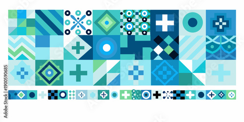 Geometric pattern of colorful tiles in shades of blue and teal