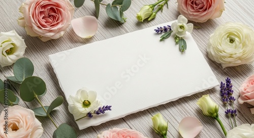 Top view of a blank white card surrounded by pastel flowers and greenery on a light wooden surface for a wedding invitation design.