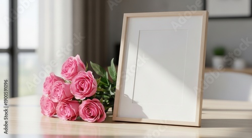 A bouquet of pink roses beside a blank wooden frame on a light wooden table in a bright room with natural light