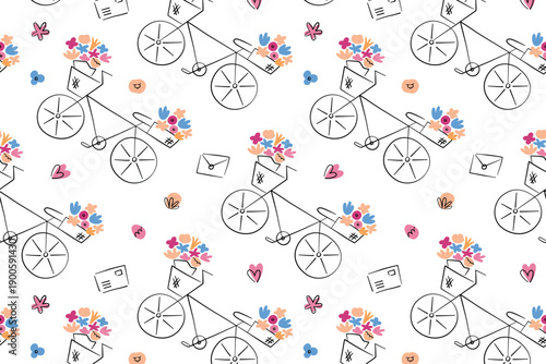 Floral seamless pattern with elegant line art bicycles and baskets filled with flowers, love background, romantic Valentine day theme. Flat cartoon vector illustration with delicate outlines