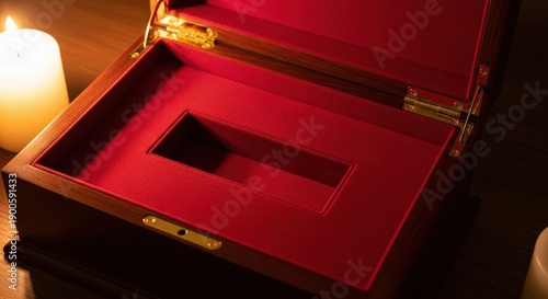 An open red jewelry box on a wooden table with a lit candle nearby in a dimly lit environment viewed from above
