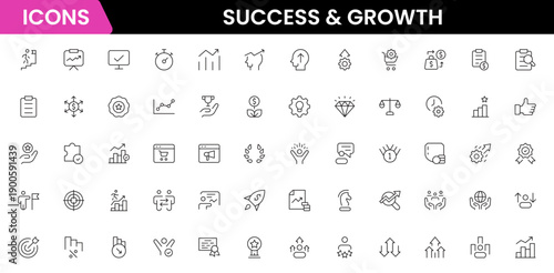 Success and growth web icons inline style. Handshake, growth profit, innovation, increase sale, coaching, progress, strategy, achievement, collection. Vector illustration.