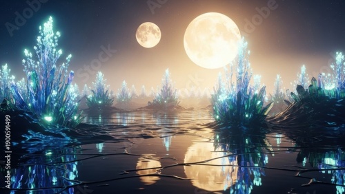 Futuristic glowing winter landscape illuminated by multiple moons and reflective water surface