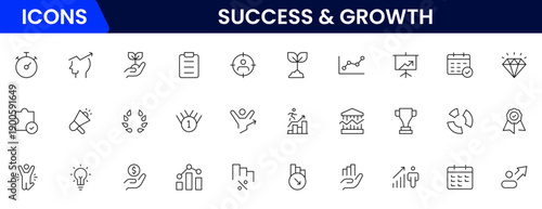 Success and growth web icons inline style. Handshake, growth profit, innovation, increase sale, coaching, progress, strategy, achievement, collection. Vector illustration.