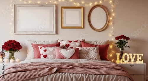 Cozy bedroom with valentines day decorations and string lights on the wall