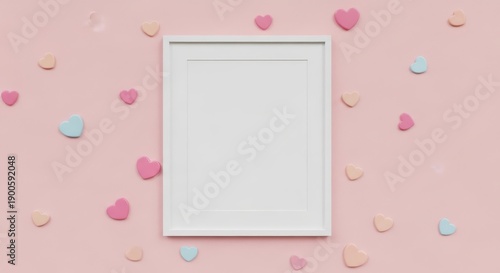 A white frame surrounded by hearts and candies on a pink background viewed from directly above