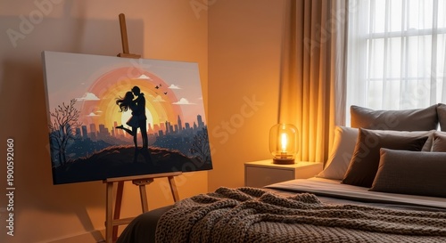 A serene bedroom scene with a canvas depicting a silhouette against a vibrant sunset, viewed from a cozy perspective.
