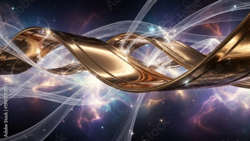 Futuristic golden DNA double helix with cosmic light streaks and nebula background for scientific