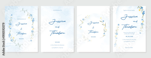 Summer Flower Wedding Invitation set, floral invite thank you, rsvp modern card Design in pink leaf greenery  branches with water color texture background. 