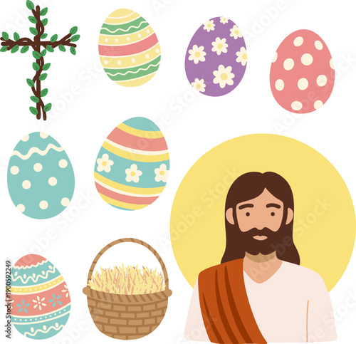 Easter Symbols Set with Jesus, Cross and Decorated Eggs