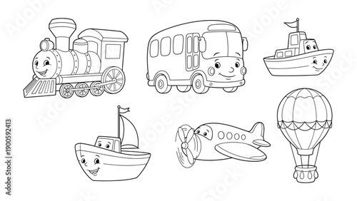 A fleet of Transport Smiles: A charming collection of illustrations showcasing various modes of transport, each adorned with a friendly smile, promising a journey filled with joy and excitement.