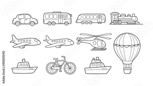 Transportation Assortment: A playful assortment of various transportation types are presented in a simple, engaging style. The image showcases the diversity of ways to move.