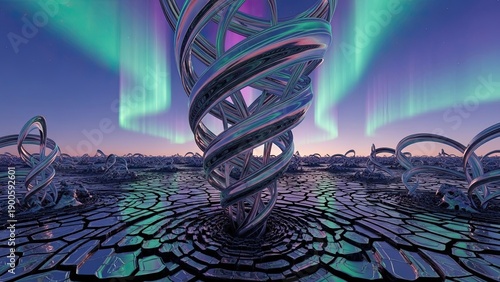 Futuristic Helical Structures Illuminated by Aurora Borealis Over Cracked Earth Landscape