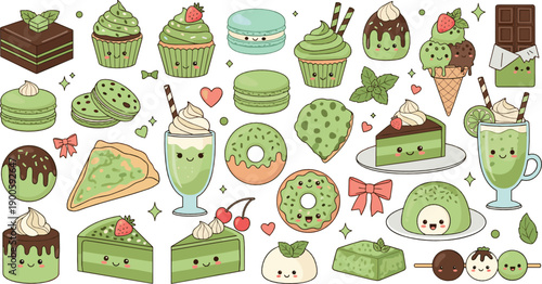 Cute Kawaii Matcha Desserts Illustration Set with Green Tea Cakes, Donuts, Ice Cream, Drinks, Cupcakes, and Sweet Smiling Treat Characters