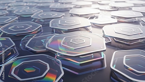 Futuristic hexagonal metallic discs with holographic reflections densely packed on a sleek surface