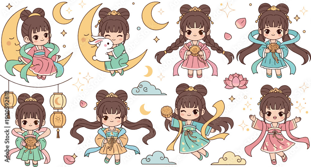 Fototapeta premium Cute Kawaii Moon Fairy Girl Illustration Set with Child Characters in Traditional Dresses, Crescent Moon, Lanterns, Clouds, and Magical Night Elements
