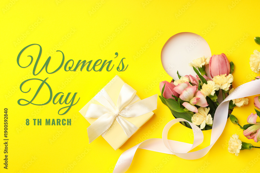 Fototapeta premium Colorful flowers and a gift box celebrate womens day