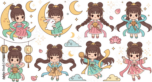 Cute Kawaii Moon Fairy Girl Illustration Set with Child Characters in Traditional Dresses, Crescent Moon, Lanterns, Clouds, and Magical Night Elements