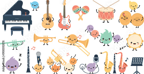Cute Kawaii Musical Instruments and Characters Illustration Set with Piano, Guitar, Brass, Drums, and Singing Music Icons for Education Designs