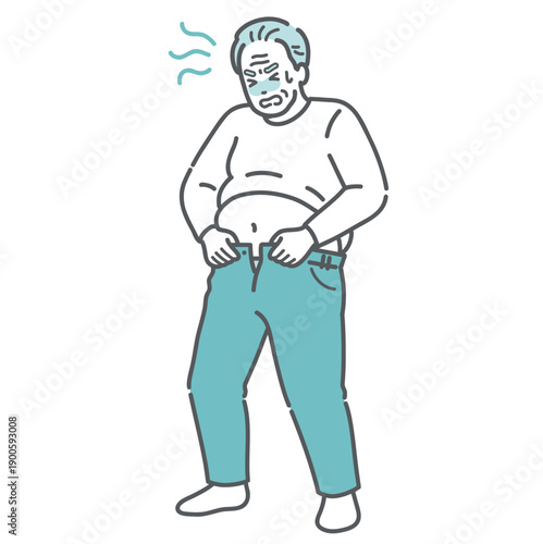 太ってズボンが入らない高齢男性のイラスト（肥満・メタボ・内臓脂肪）