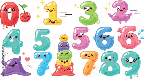 Cute Kawaii Number Characters Illustration Set with Colorful Jelly Digits Zero to Nine, Smiling Faces, and Playful Cartoon Style for Kids Designs