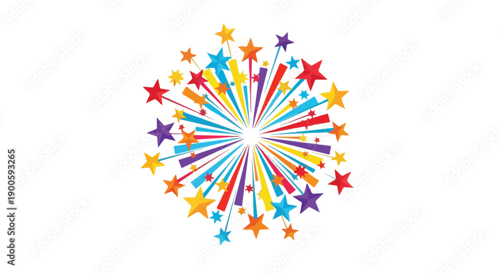 Fototapeta premium Colorful starburst graphic with multicolored stars and lines on a white background, showcasing a vibrant and celebratory design element.