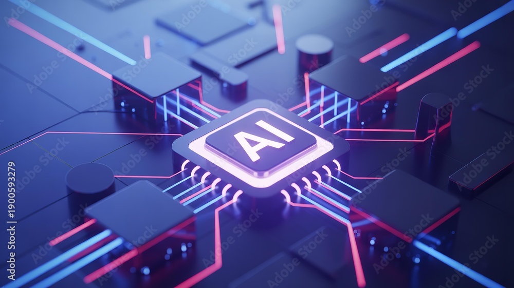 Fototapeta premium Artificial intelligence chip with glowing circuits on dark blue motherboard background